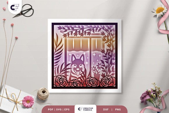 Dog in Floral Window 3D Shadow Box